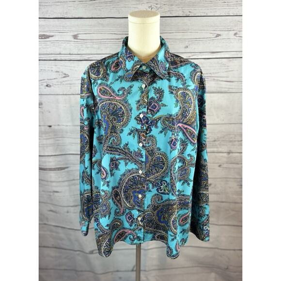 Talbots Tops - Talbots Teal Paisley Button Down Shirt Women’s 3XP Turquoise Long Sleeve Blouse